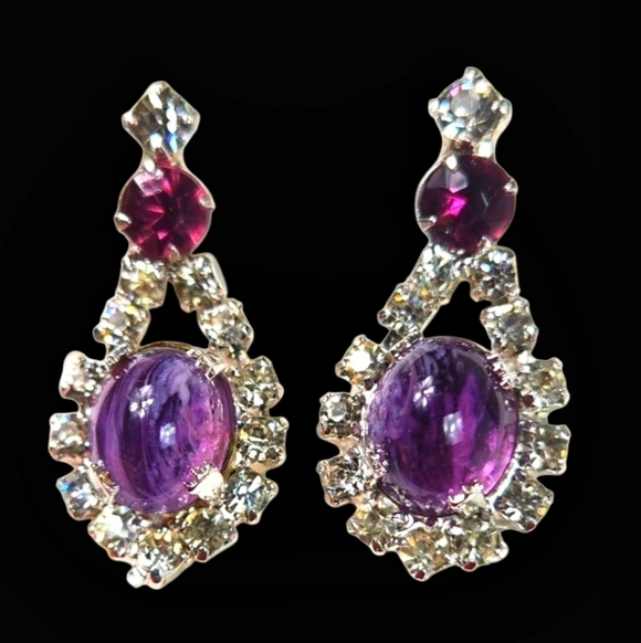 Vintage 925 Sterling Silver Purple Stone and Crystal Rehnistone Earrings